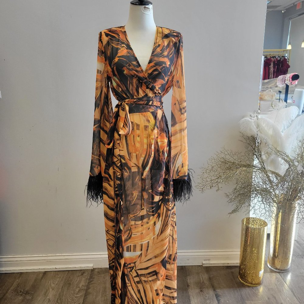 CARAMEL BROWN AND BEIGE PRINT LONG WRAP SHEER DRESS / SWIMSUIT COVER UP